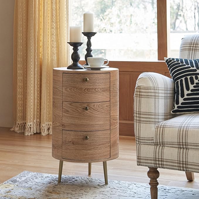 HULALA HOME Round End Table with 3 Storage Drawers, Mid Century Modern Sofa Side Table with Metal Legs, Farmhouse Wood Small Side Table for Living Room, Bedroom and Small Spaces, Gray