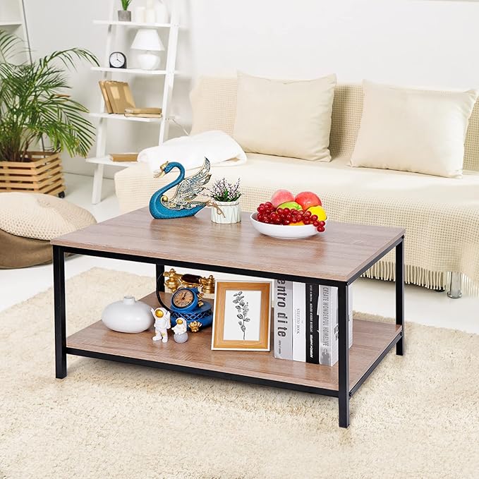ZenStyle Industrial Coffee Table with Storage Shelf for Living Room, Wood Look Accent Furniture with Vintage Wooden Board Stable Metal Frame Cocktail Desk 2-Tier Tea Table