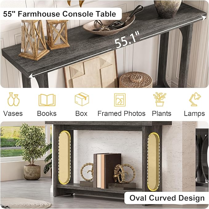 Entryway Console Table, 55" Wood Grey Console Table Narrow Sofa Tables with Storage Hallway Foyer Tables for Entryway, Living Room, Hallway