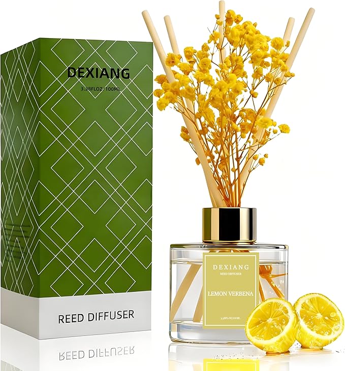 Reed Diffuser Set - 3.38 fl oz (100ml) Lemon Verbena Essential Oil with 6 Reed Sticks | Home & Bathroom Decor