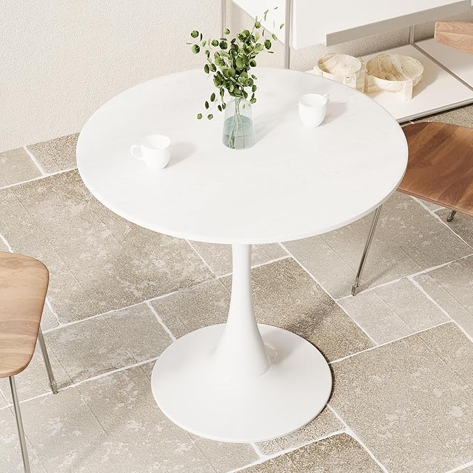 Round Dining Table, Modern Tulip Table, 31.5'' Mid-Century Round Leisure Table with Metal Base for 2-4 Person, Suitable for Living Room, Kitchen, Cafe and Home Office(White Wood Grain, 31.5 in)