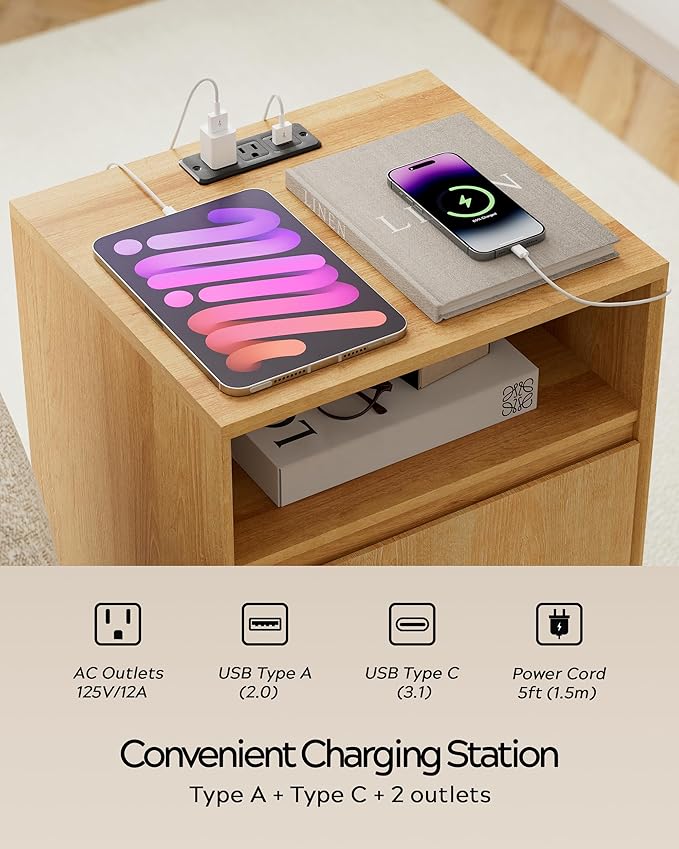 Farmhouse Nightstand with Door, Wood Storage End Table with Charging Station & Open Shelf, Bedside End Tables for Bedroom, Sofa, Natural Oak