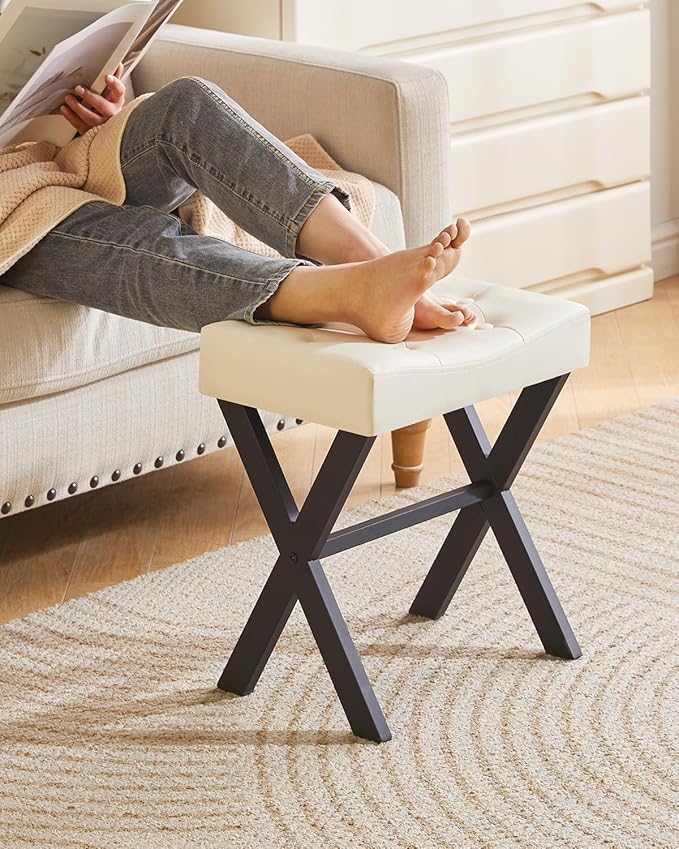 IBUYKE U-Shaped PU Vanity Stool, Square Makeup Chair with X-Leg, Ottoman Seat Footrest Stool, Multi-Use as Small Side Table, for Bedroom, Living Room, White WBD019W