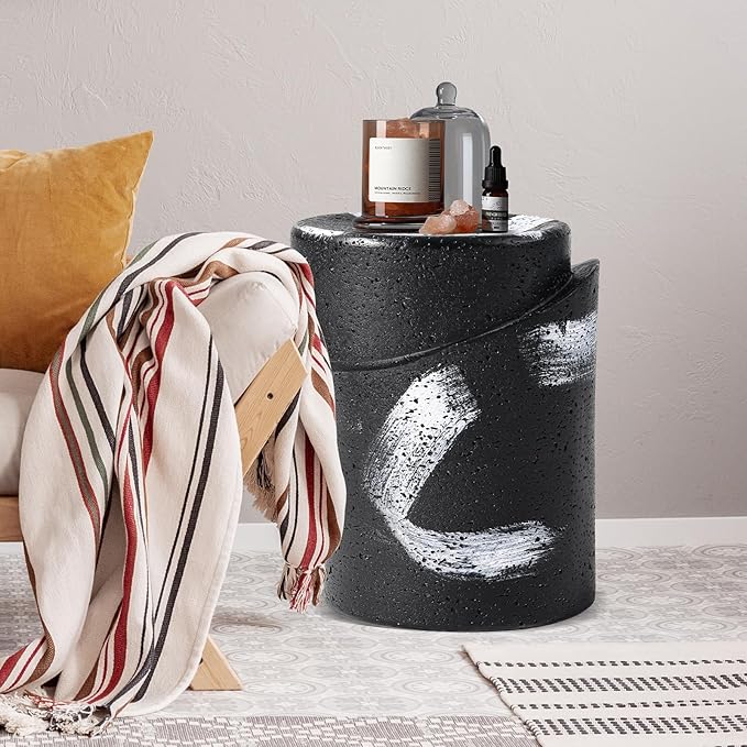 HOMPUS Concrete Outdoor Side Table Set of 2 w Graffiti Round Coffee Table, Home Decor Plant Stand Outdoor Accent Table Patio Drum End Table for Living Room, Bedroom or Balcony, Black & White