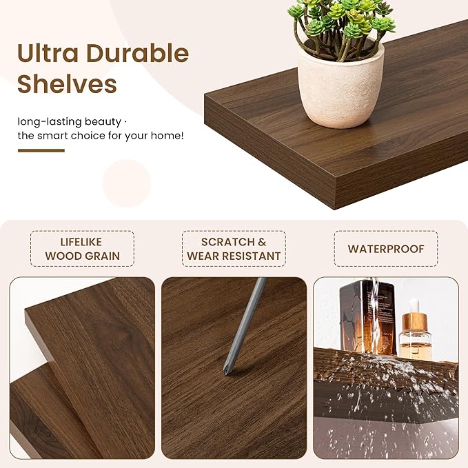 16in Floating Shelves for Wall, 16"W x 9.25"D x 1.25"H, 2 Pack Long Wall Mounted Engineered Wood Shelves with Invisible Brackets for Living Room, Bedroom, Bathroom, Kitchen Decor and Storage, Walnut