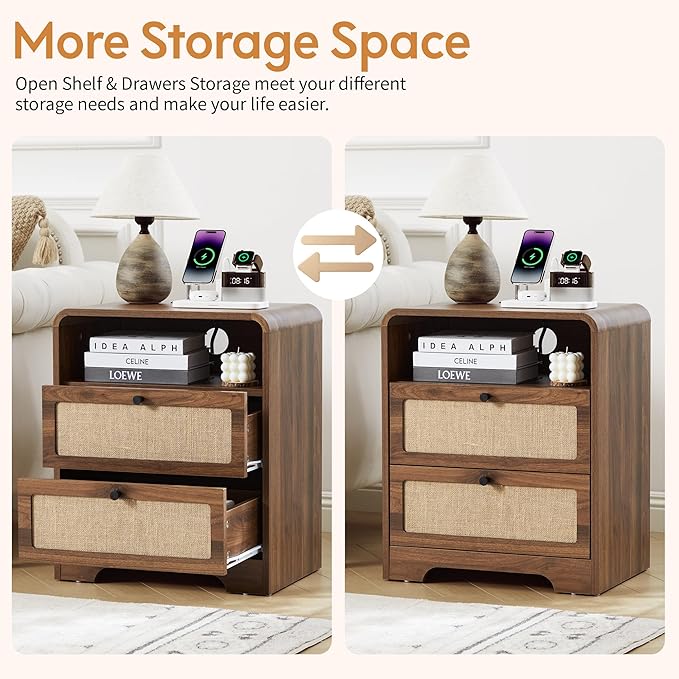 Set of 2 Night Stand with Charging Station, 19.7" Wooden Side Table Curved Nightstands with 2 Drawers & USB/Type-C Ports, Mid Century Modern End Table for Living Room, Bedroom, Nature Linen, Walnut