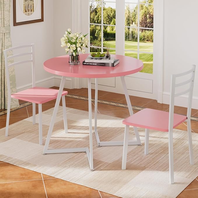 VECELO Small Round Dining Table Set for 2, Wood Tabletop with Strong Metal Frame, Modern Dinette with Chairs for Kitchen, Breakfast Nook Living Room, Pink & White
