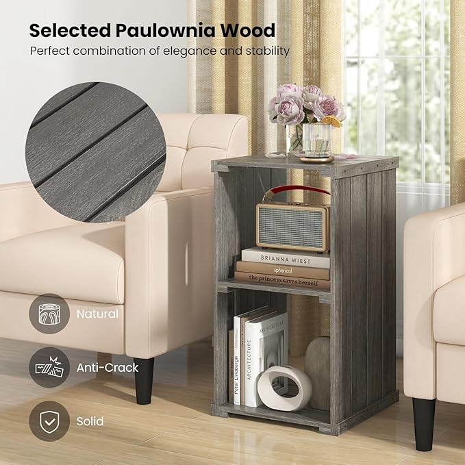 Giantex 2-Cube Bookcase, 3-Tier Paulownia Wood Cubic Organizer w/Open Back, Freestanding Cubby Storage Shelf, Slatted Wooden End Table, Farmhouse Style Bookcase for Living Room, Bedroom