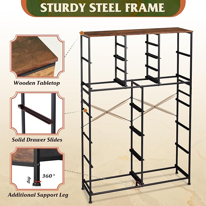 Tall Console Table with 16 Fabric Drawers, Entryway Table with Storage, Large Storage Organizer with Wood Top, Steel Frame for Living Room, Hallway, Office, Rustic Brown