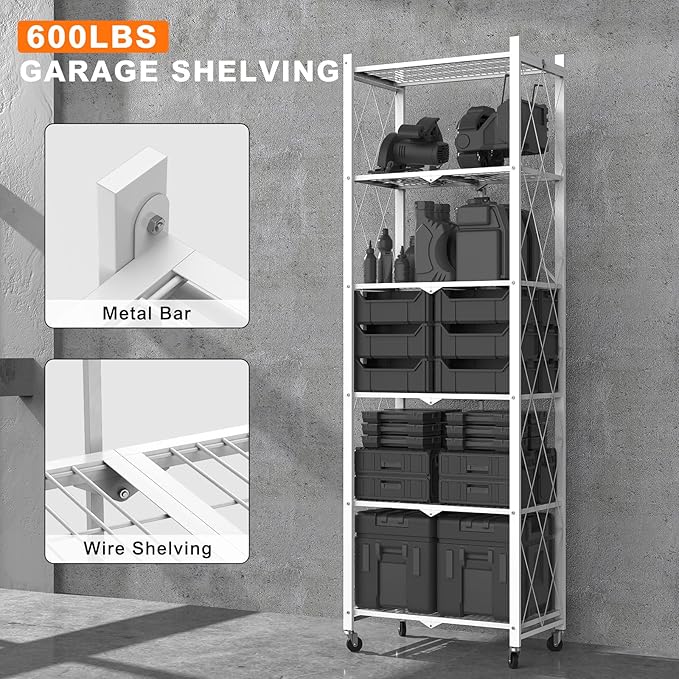 72" H 6 Tier Foldable Storage Shelf with Wheels, Folding Shelving Loads 600 LBS, Metal Steel Garage Shelves, Rolling Standing Utility Rack for Kitchen, Pantry, Office, White
