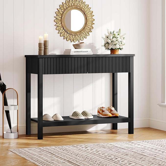 HOOBRO 39.3'' Console Table, Narrow Entryway Table with 2 Wavy Drawers, Sofa Table with 2 Tier Storage Shelf, Behind Couch Table, Display Stand, for Hallway, Entryway, Living Room, Black BK89XG01