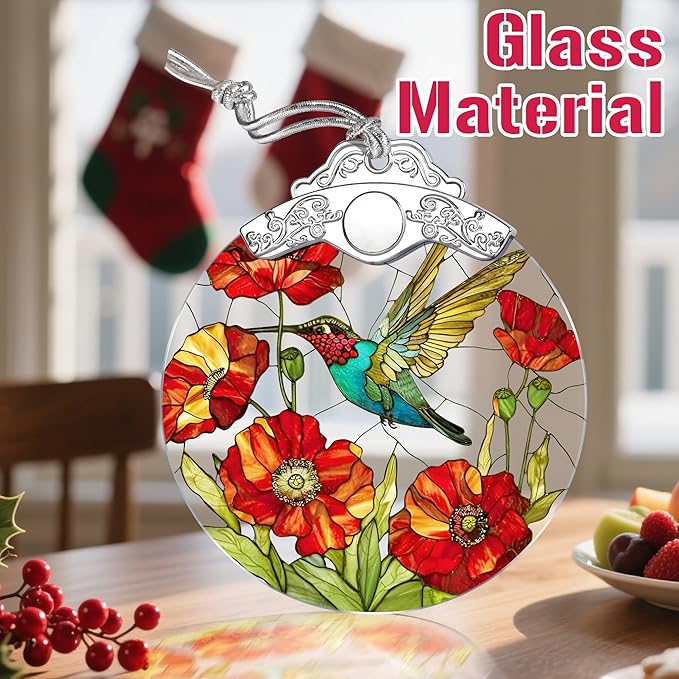 Hummingbird & Poppy Stained Glass Christmas Ornament – Christmas Tree Ornament & Holiday Decor, Gift for Hummingbird Lovers, Ideal Holiday Present & Xmas Gift