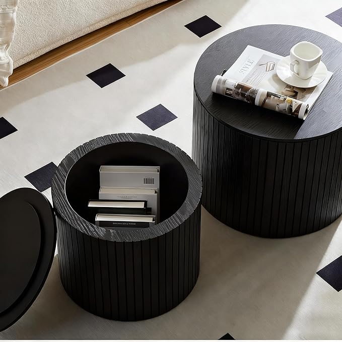 19.17" Nesting Coffee Table with Storage, Wooden Coffee Tables Set of 2, Circle Side Table for Small Spaces, Accent End Table for Living Room, Apartment, Office, Dorm.(Black)