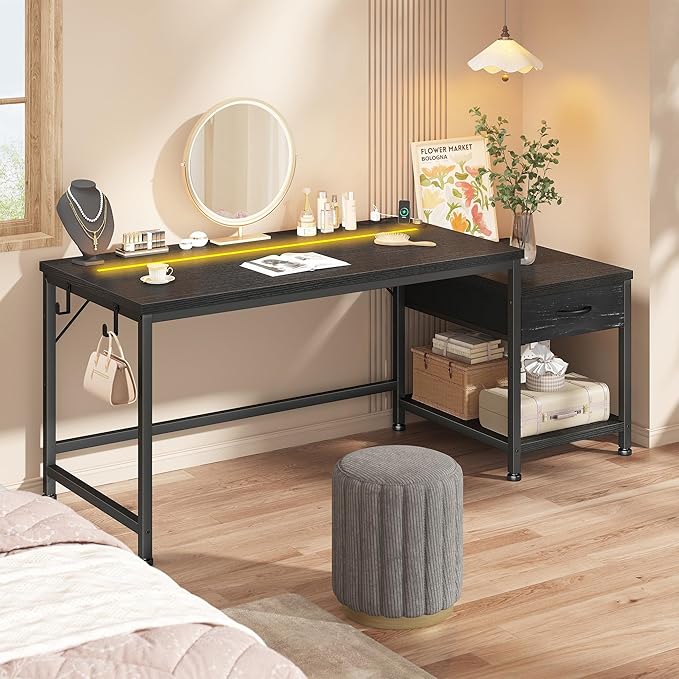 Gaming Desk with Printer Shelf & Storage Shelves,48.1 Inch Computer Desk with LED Lights & Power Outlet,Office Desk with Headphone Hook,Reversible Corner Desk for Bedroom,Black