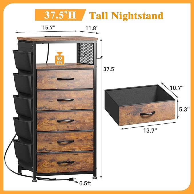 EnHomee Tall Night Stand Set 2 with 5 Drawers, LED Nightstand with Ports & Outlets, Bedside Table with Extra Side Bag & Storage Shelf & Hooks, Bedroom, Dorm, Closet