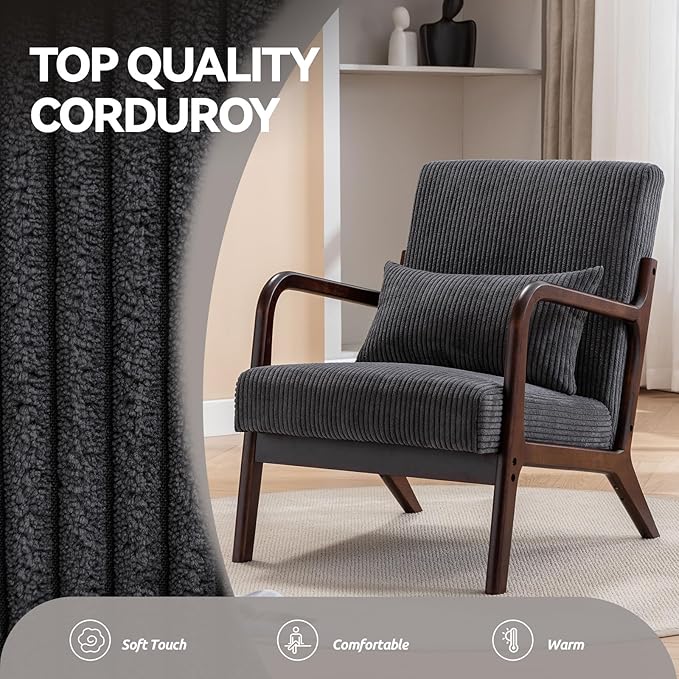 Accent Chair Mid Century Modern Chair, Living Room Chairs with Pillow Upholstered Lounge Arm Chair Reading Chair with Solid Wood Frame & Corduroy Fabrics for Living Room Bedroom