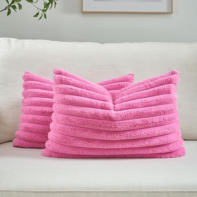FUTEI Hot Pink Striped Decorative Throw Pillow Covers 12x20 Inch Set of 2,Rectangle Winter Decorations Couch Lumbar Pillowcase,Soft Cozy Faux Rabbit Fur & Velvet Back,Modern Home Decor for Bed