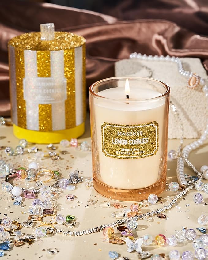 M&SENSE Lemon Scented Candle, Classic Size 8.8 oz Glitter Jar, Holiday Gifts for Women, Strong Scented Natural Soy for Winter Home Decor, 50 Hours Long Burning