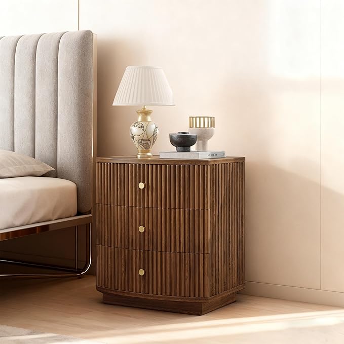 Grooved Wood End Table with 6 Drawers, Curved Edge Storage Side Table, Six Drawer Nightstand Compact Sofa Bedside Table for Bedroom, Living Room and Small Spaces, Walnut X2