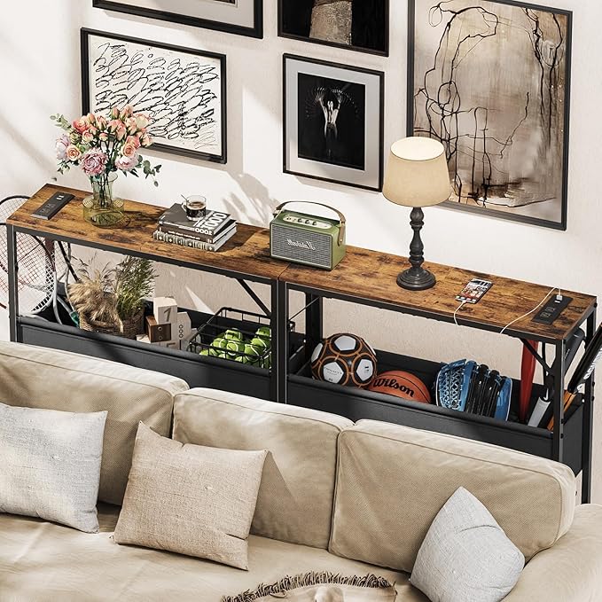 Small Console Table with Charging Station and Storage Basket, 31.5'' Couch Table Behind Sofa, Entryway Table, Narrow Console Table for Hallway, Foyer, Living Room, Rustic Brown