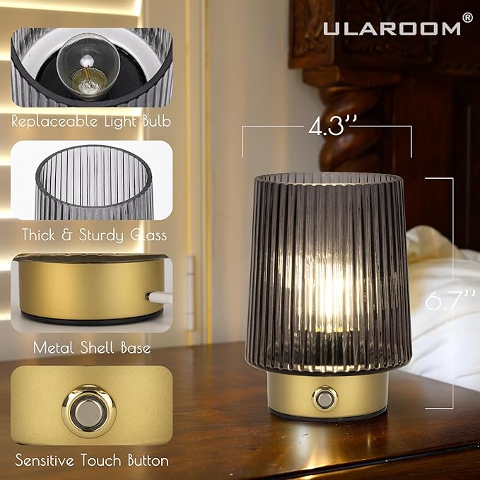 Cordless Lamp Rechargeable Battery Operated lamp, Glass Small Table lamp - Portable Dimmable Brightness Touch Wireless Bedside Lamp for Bedroom Kitchen Dining Home Living Room Decor Grey