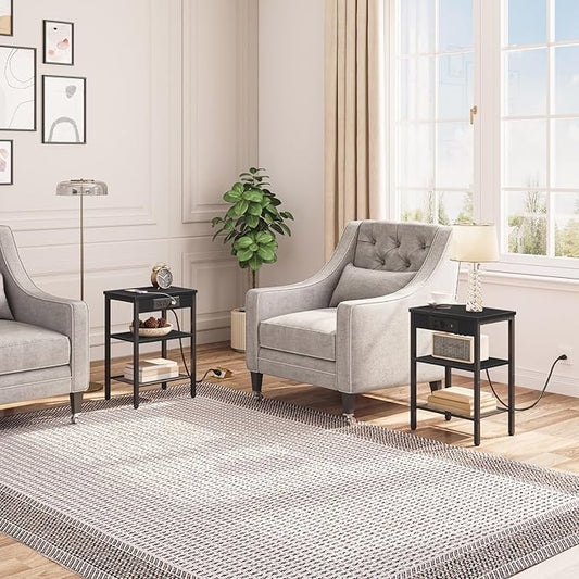 HOOBRO End Table with Charging Station and USB Port, 3-Tier Nightstand with Adjustable Shelf, Small Side Table for Small Space in Living Room, Bedroom and Balcony, Black BB112BZ01