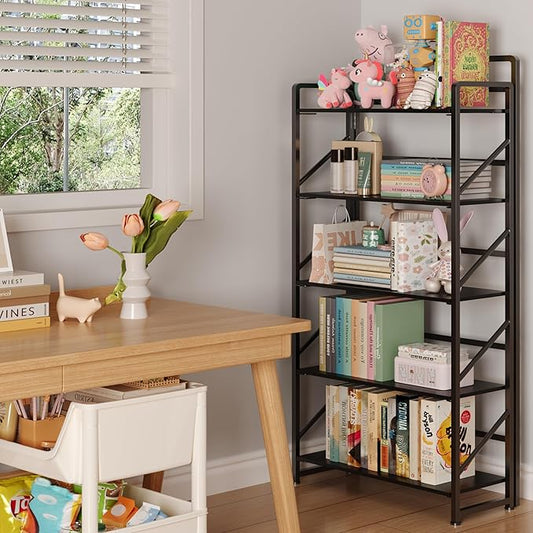 JSB No Assembly Folding Bookshelf, 5 Tier Industrial Metal Book Shelf for Storage, Vintage Wood Foldable Bookcase for Living Room, Bedroom, Office Organization Shelves