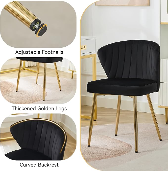 Velvet Vanity Chair, Modern Makeup Chair with Back Golden Legs, Small Cute Accent Chair for Vanity, Living Room, Bedroom, Beige, Black