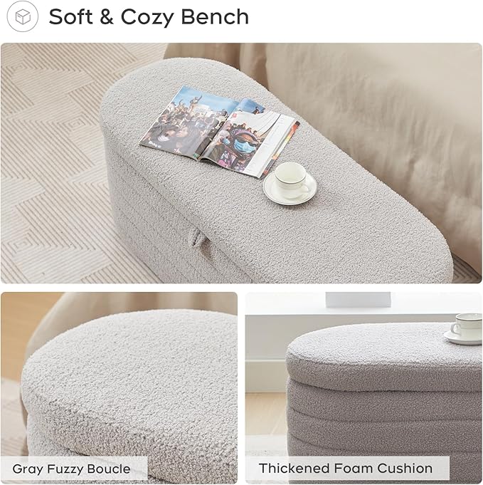 Storage Ottoman Bench End of Bed for Bedroom,45 inch Boucle Upholstered Entryway Shoe Seat Bench w/ Storage,Sherpa Modern Cute Padded Blanket Chest Stool Foot Rest for Living Room,Window Seating, Grey