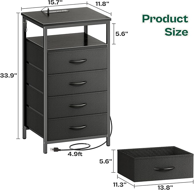 Huuger Night Stand with Charger Station and LED Lights, 4 Drawer Nightstand, Bed Side Table with Open Shelf, End Table, Fabric Dresser for Bedroom, Black