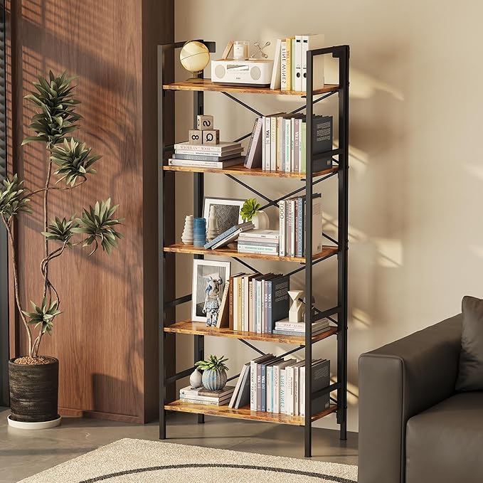 Folding Bookshelf,5 Tier Bookcase Foldable Shelf with X-Bracket Design, Adjustable Feet, Space Saving Storage for Living Room, Office, Rustic Brown