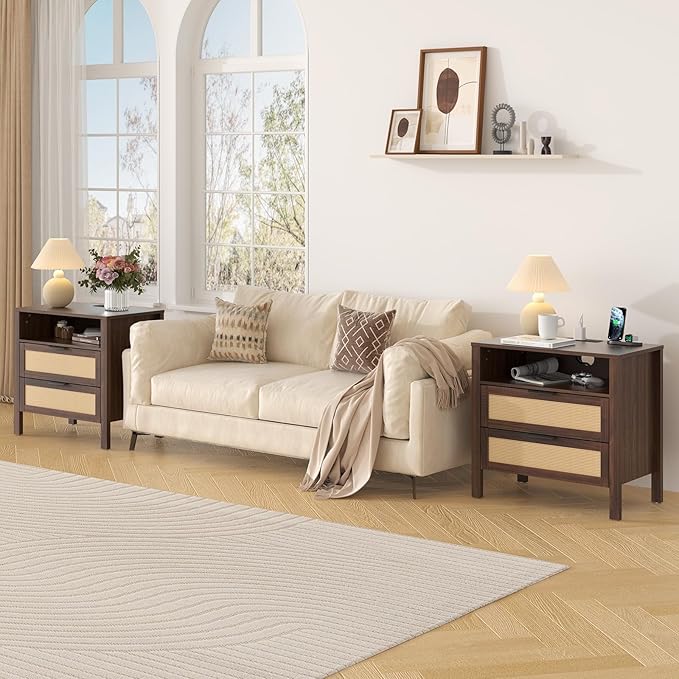 HOMMPA Nightstand with Charging Station, Boho Bedside Table with USB and Type-C Ports, Large Rattan Night Stand with 2 Drawers, Side Table End Table for Bedroom, Living Room, Small Space, Walnut