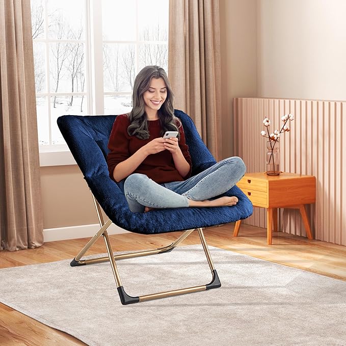 Comfy Oversized Saucer Chair, Soft Faux Fur Reading Lounge Chair for Adults, Stable X-Large Metal Frame and Non-Slip Pad, Foldable Cozy Chairs for Bedroom, Living Room, Dorm, Office, Blue
