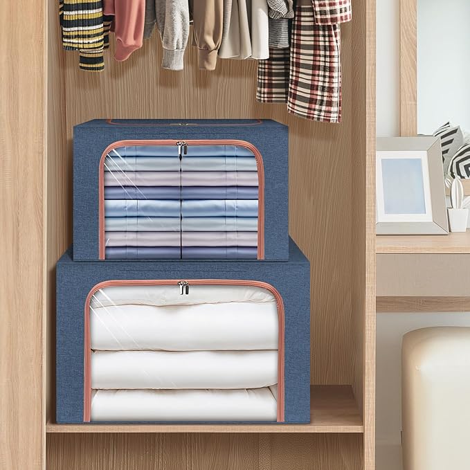 3 Pack Foldable Storage Bins with Metal Frame, Large Capacity Stackable Clothes Organizer with Clear Window & Carry Handles, Linen Fabric Storage Boxes for Closet (Navy Blue, 3PCS-Large-66L)