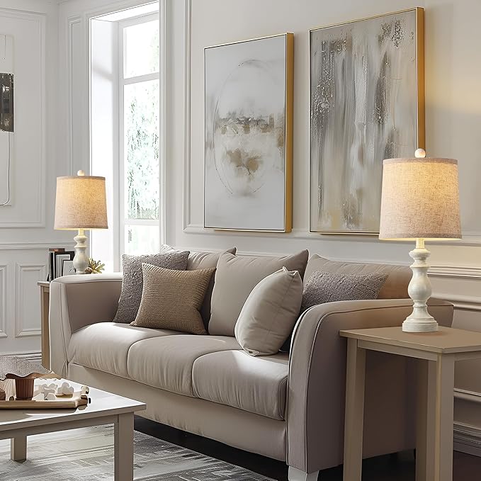 PARTPHONER Traditional Table Lamp Set of 2, Rustic Farmhouse Table Lamps for Living Room Bedroom, 22" Bedside Desk Lamps Vintage Nightstand Lamps with Linen Shades, Antique White