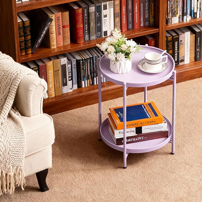 HollyHOME 2-Tier Round Side Table, Outdoor Small Folding Accent Stand with Removable Tray, Anti-Rust Metal Asional Table for Balcony Patio Living Room, Nightstand for Bedroom(Purple)