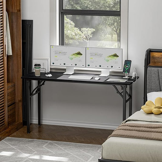 TEMI Long Computer Desk Folding Table - No Assembly, Compact 55.1" Foldable Desk with Power Outlets & USB Charging Port, Portable Lagre Office Desk, Study Table for Narrow Spaces, Dark Oak