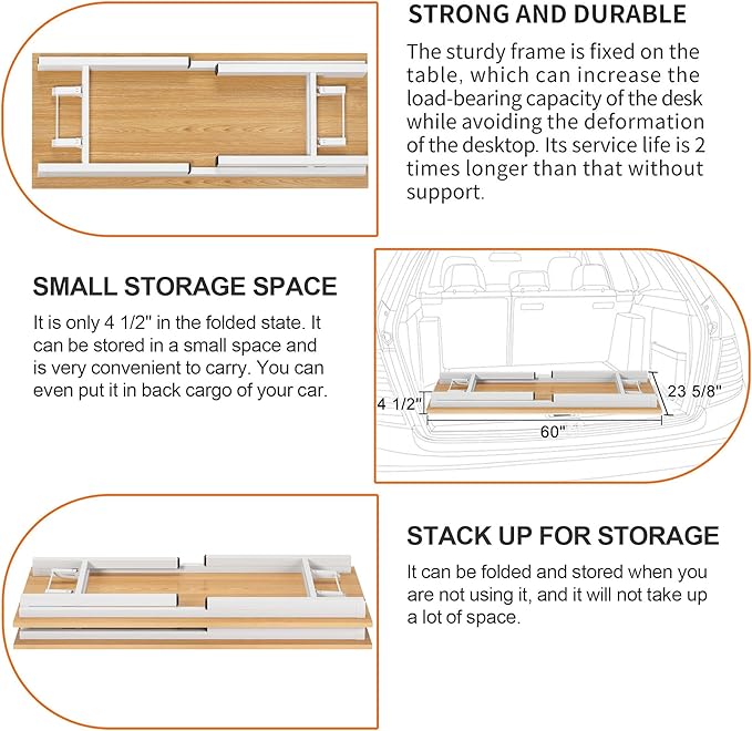 Need Home Office Desk Large Computer Desk 60 inch Sturdy Table Foldable Desk Gaming Computer Table No Assembly Required, Teak&White Frame AC5BW(152.4 * 60)