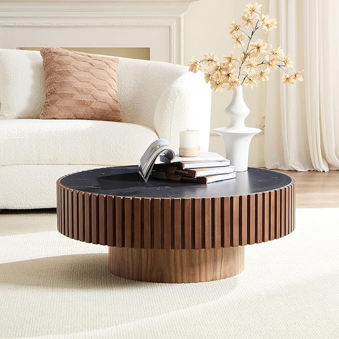35" Round Coffee Table with Marble Tabletop, Modern Circle Coffee Table, Fluted Luxury Wooden Center Table, Drum Accent Tea Stone End Table for Living Room Apartment Bedroom, Walnut
