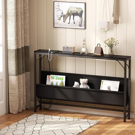 47.2'' Console Table with Charging Station and Storage, Entryway Table with Power Outlets and USB Ports, Behind Couch Table, for Living Room, Foyer, Entryway, Hallway, Black