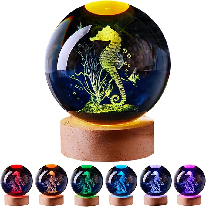 Sea Horse Crystal Ball Lamp with LED Wooden Base, 16 Colors Change & Remote Control Seahorse Crystal Ball Night Light, Upgraded 3.15 Inch Glass Light, Gift for Kids Wife Girlfriend (sea horse)