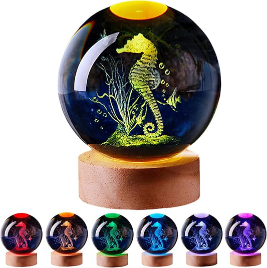 Sea Horse Crystal Ball Lamp with LED Wooden Base, 16 Colors Change & Remote Control Seahorse Crystal Ball Night Light, Upgraded 3.15 Inch Glass Light, Gift for Kids Wife Girlfriend (sea horse)