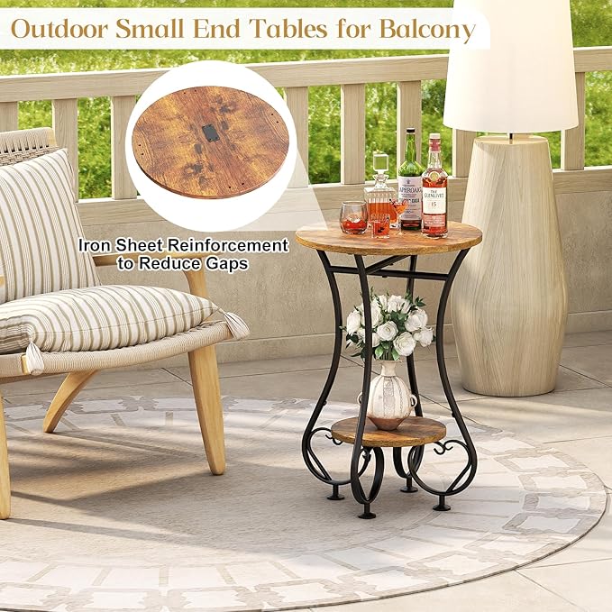 Side Table,Small Round End Table with Lower Shelf for Small Spaces,Round Bedside Nightstand Table with Metal Frame,Couch Sofa Coffee Tea Table,Retro Accent Drink Table for Living Room Bedroom Balcony