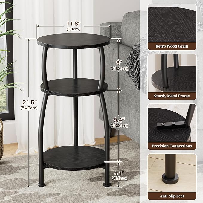 Small Round Side Table, 3-Tier End Table with Storage Shelf, Slim Sofa Table Coffee Table, Sturdy & Easy Assemble Nightstand for Small Spaces, Living Room Bedroom Corner, Black