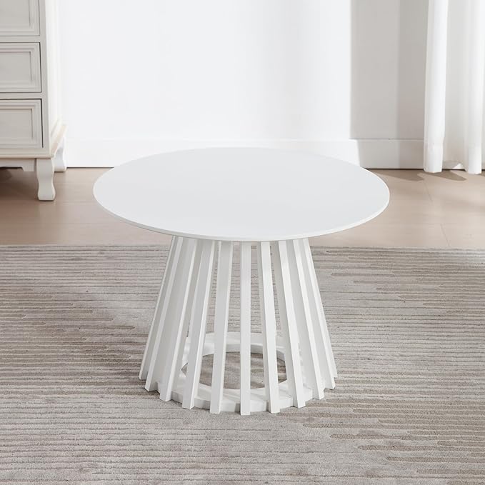 LukeAlon 24" Round Coffee Table, Mid Century Modern Wooden Center Table with Columnar Wood Strips Base Sofa Side Table Circle Tables for Living Room Small Space, White