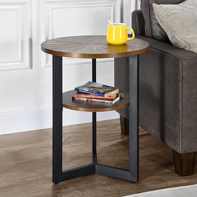 Round End Table with Storage Shelf, 19.29in Circel Accent Side Table with Black Metal Legs, 2-Tier Wood Round Sofa Side Table for Living Room Bedroom, Brushed Brown-BZ