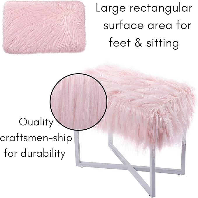 BIRDROCK HOME Rectangular Faux Fur Vanity Stool Ottoman w/White Metal Legs - Small Fluffy Makeup Seat - Cute Foot Rest for Bedroom, Desk, or Dressing Table - Compact Chair for Girls Dorm Room - Pink