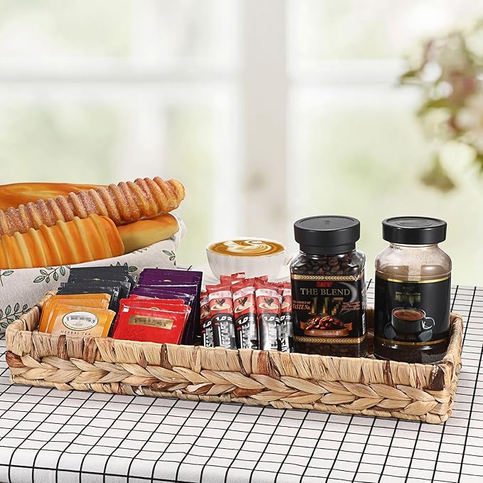 Hipiwe Wicker Toilet Tank Basket 16.9 Inch Bathroom Vanity Tray for Long Back of Toilet, Rectangle Woven Hyacinth Decorative Countertop for Paper Hand Towel