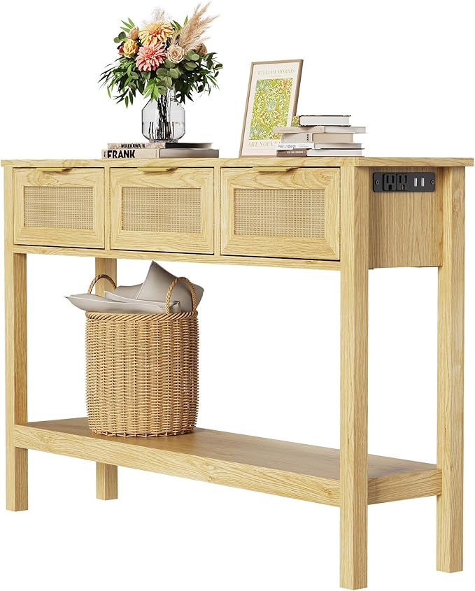 Entryway Table, Rattan Console Table with 3 Storage Drawers and Storage Shelf, Sofa Table with Socket, for Entryway, Living Room, Behind Couch and Hallway (Light Yellow)