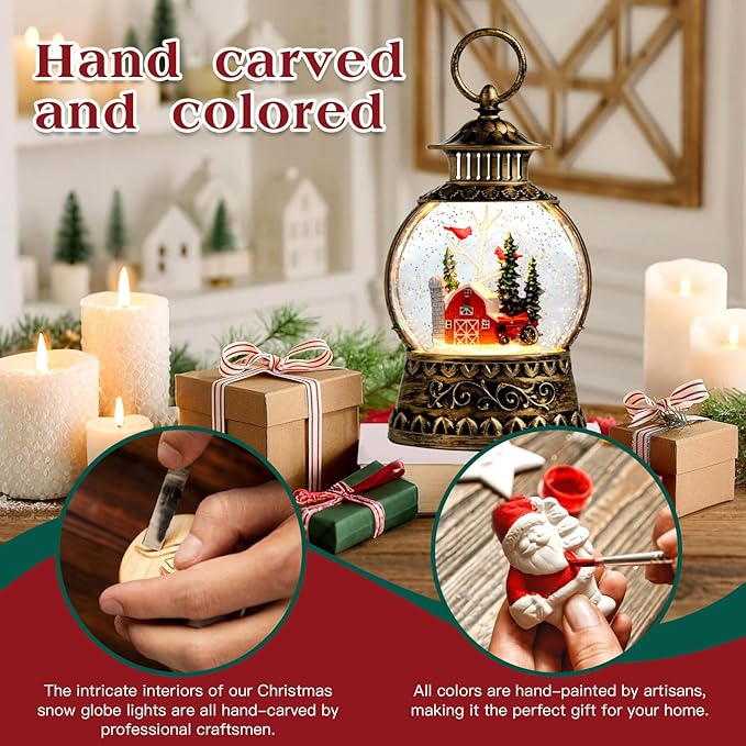 Christmas Snow Globe, Red Barn Truck Musical Snow Globe Lantern Lights with 6H Timer Battery & USB Powered, Retro Style Holiday Glitter Globe for Xmas Home Decoration Holiday Party Gifts
